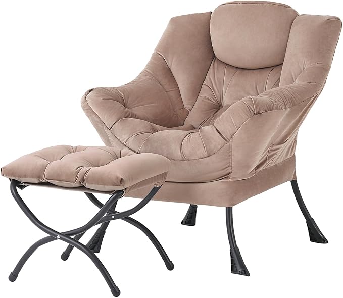 Tiita Lazy Chair with Ottoman, Khaki Modern Large Accent Chair, Comfy Leisure Sofa Armchair with Ottoman, Reading Chair with Footrest for Bedroom, Living Room, Dorm Rooms, Velvet Khaki