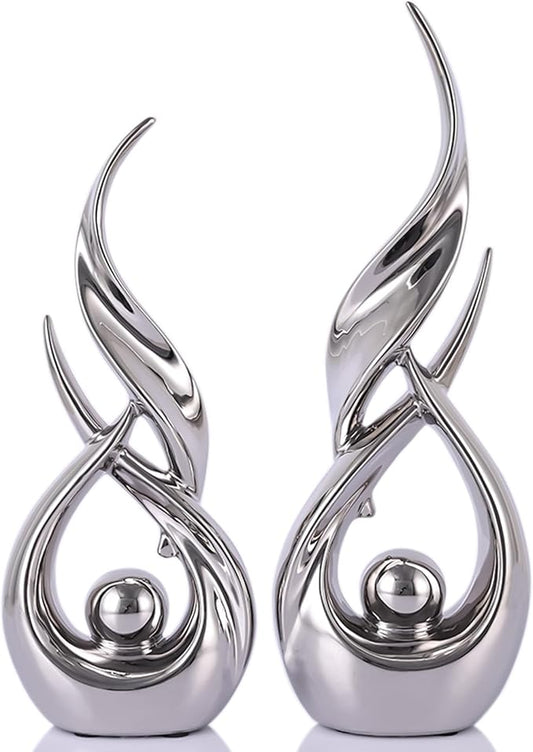 2 PCS Silver Ceramic Statues For Home Decor Accents, Modern Abstract Art Sculptures, Elegant Tabletop Decorative Objects For Dining Room, Entryway, Tv Stand, Mantel, Coffee Table Centerpieces
