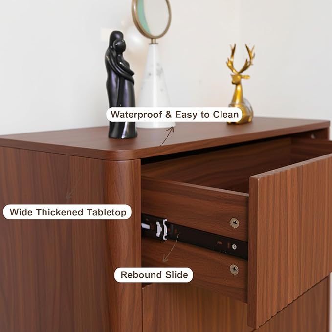 Fluted 5 Drawers Dresser for Bedroom, 47" Tall Handleless Chest of Drawers with Faux Marble Top, Curved Profile, Wooden Drawer Organizer for Living Room, Hallway, Entryway, Walnut