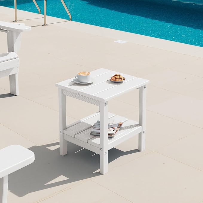 SERWALL 2-Tier HDPE Outdoor Side Tables Set of 4, Weatherproof Rectangular Adirondack Side Table, White