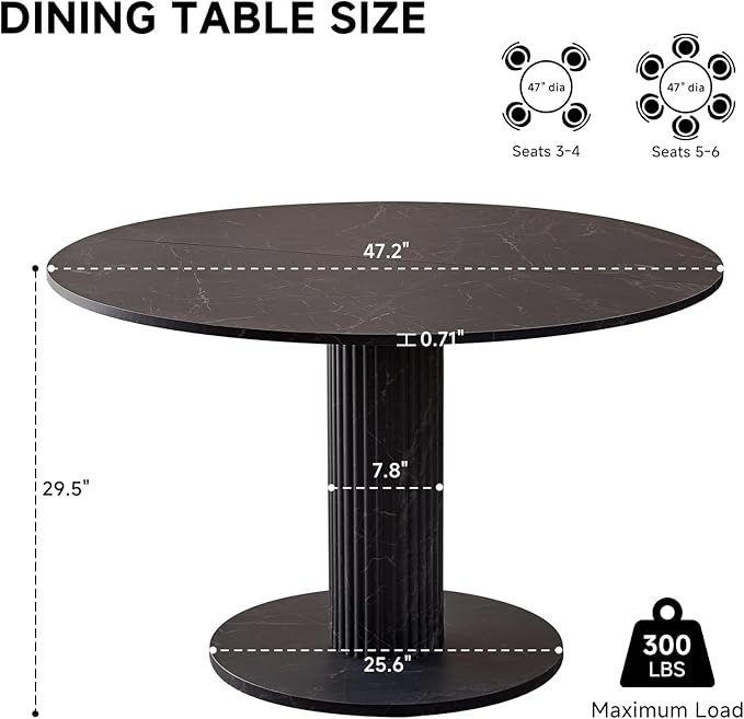 47" Round Dining Table for 4, [Cylinder Pedestal Base] [Stone-Patterned] Modern Circle Dinner Table for Kitchen Dining Living Room, Black Marble Patterned