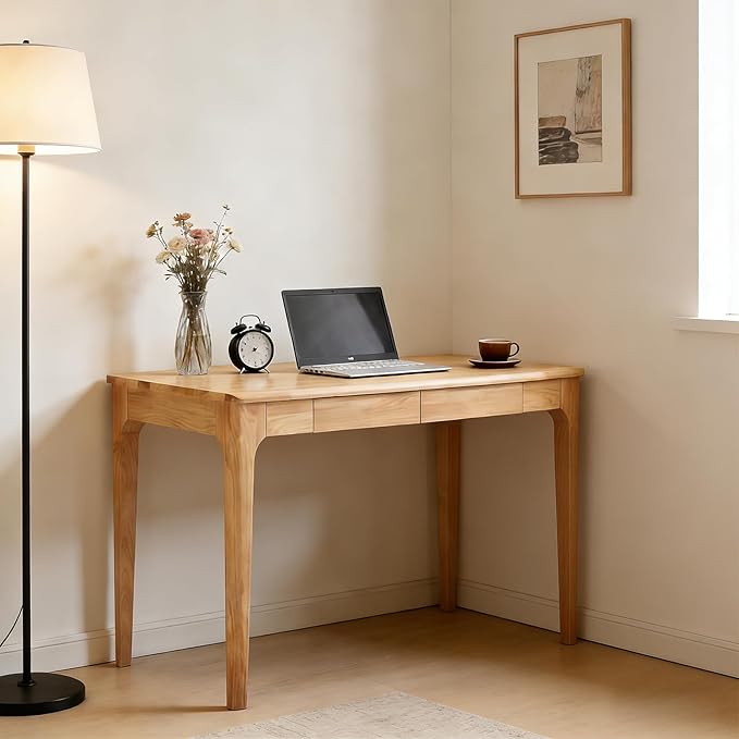 Natural Wood Desk with Drawers - 47" Small Writing Desk with Smooth Edges for Bedroom, Mid Century Modern Home Office Desks for Small Spaces, Standing Computer Desk for Study, Living Room