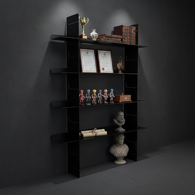 4 Tier Floating Wall Shelf, Metal Wall Mounted Book Shelf, Easy Install Metal Shelf, Heavy Duty Display Rack for Books, Decor, Bedroom, Living Room, Office (Black)