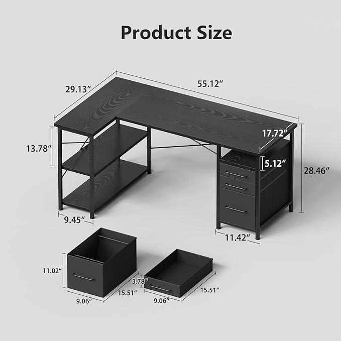 Maihail 55" Computer Desk with Drawers, Desks for Bedrooms, Writing Desk with Storage, Work Desk for Small Space, Black