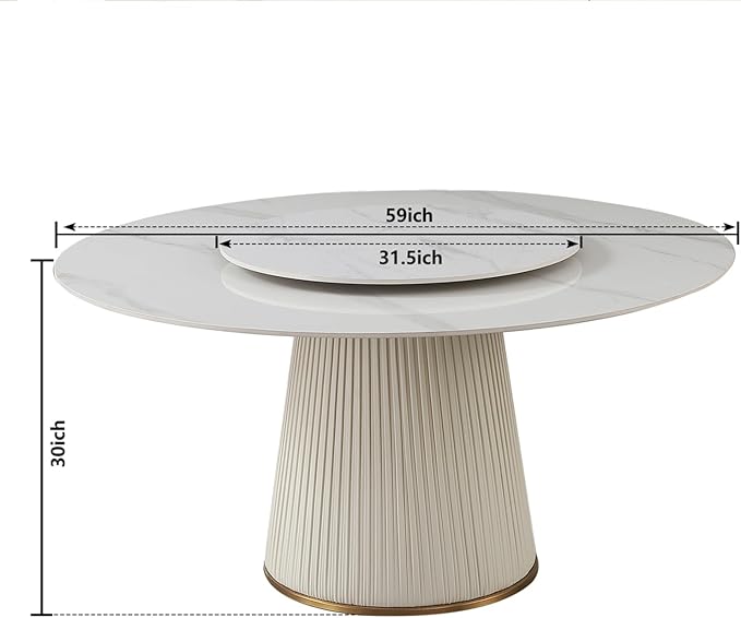 Leavader 59'' Round Marble Dining Table with Removable Lazy Susan, Sintered Stone Round Tabletop and Leather Wrapped Wooden Base, Faux Marble Kitchen Dinner Table for Dining Room/Living Room