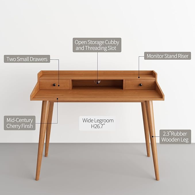 Mid Century Modern Desk, 51" Wood Home Office Writing Computer or Laptop Desk with Monitor Stand Riser and Open Storage Cubby, Vanity Desk with 2 Drawers (51.2"×25.6")