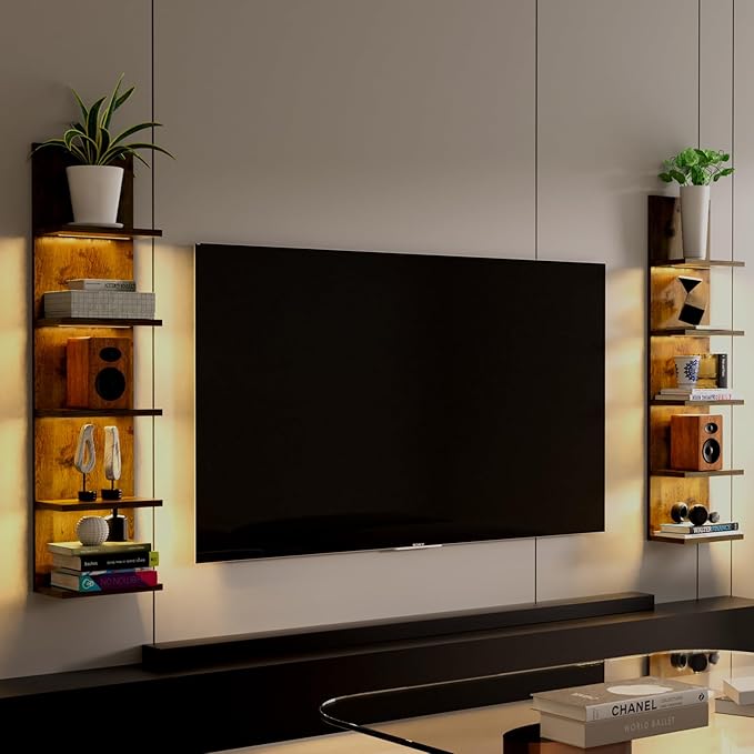 Homaterial 5 Tier Wall Shelf Unit, Modern Vertical Lack Wall Shelves with Light, Wall Mount, Floating Column Home Decor Shelves for Bedroom, Living Room, Vanity Storage Display(Dark Brown)
