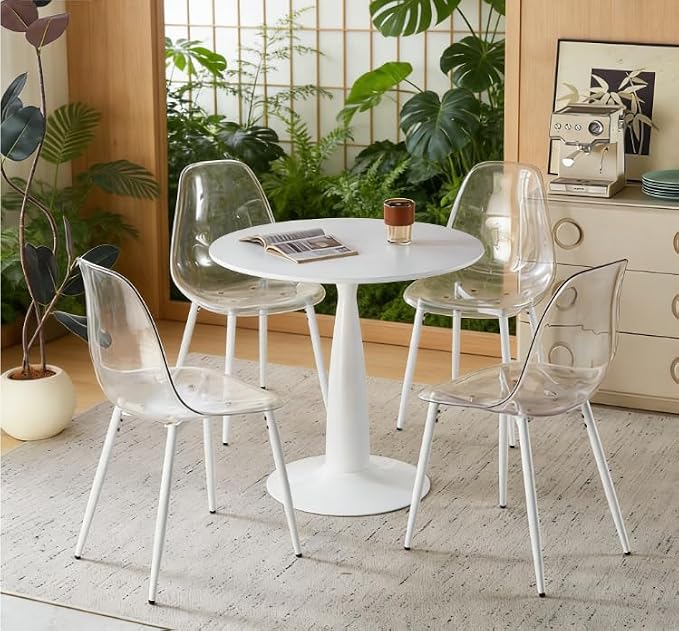 31.5" Round Dining Table Set for 4, Mid Century Modern Round Dining Table with 4 Chairs, w/Pedestal, White Coffee Table Set for Kitchen Dining Room, Office, Save Space (with 4 PET Chairs)