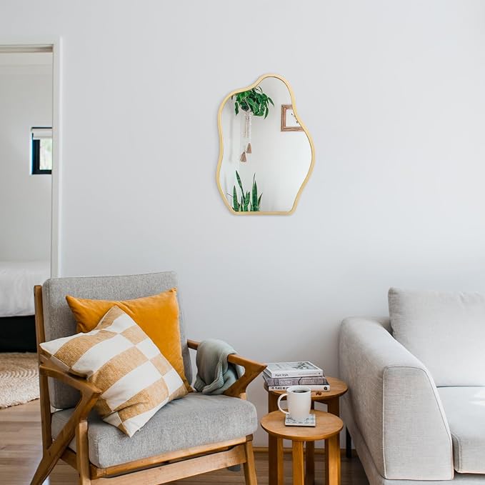 Gold Mirror for Wall Decor Small Asymmetrical Modern Wooden Framed Hanging Wall Mirror Unique Shape Wall Mounted Vanity Artistic Mirror Decorative for Living Room Bedroom Bathroom Entryway