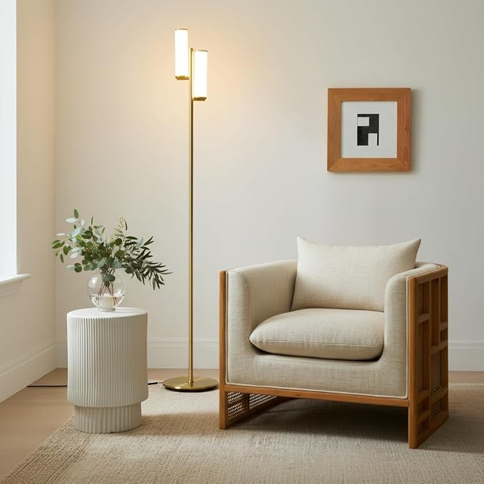 Brightech Gemini Dimmable Floor Lamp with Two Lights - Modern Tall Tree Lamp for Bedroom, Office, Living Room - Gold/Brass