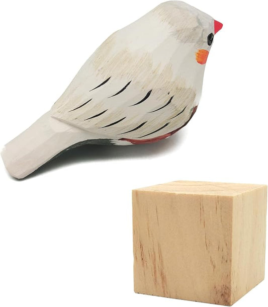 DIYOMR Bird Figurine, Hand Carved Birds Wood Décor, Art Animal Wooden Sculpted Bird with Wood Block, Vivid Bird Statue for Gift Home Table Ornament Decor (Pearl Bird)