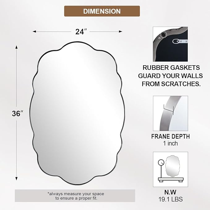 ANDY STAR Brushed Nickel Wavy Oval Bathroom Mirror, 24x36 Inch Silver Asymmetrical Wall Mirror, Unique Irregular Wall Mirror with Sophisticated Curved Design