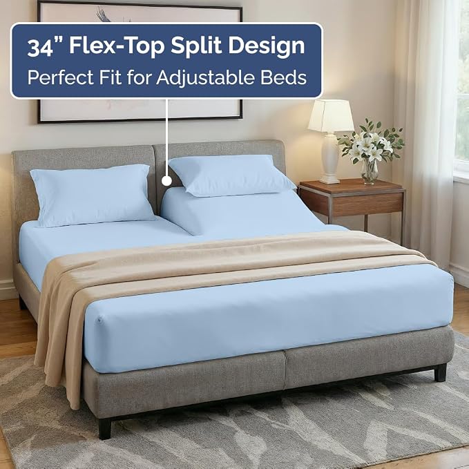 Flex Top Split Head King 4 Piece Sheet Set - Soft, Breathable & Cooling Bed Sheets Set - Hotel Luxury Bedding for Women & Men with Deep Pockets - Wrinkle Free & Fade Resistant - Oeko-Tex - Sky Blue