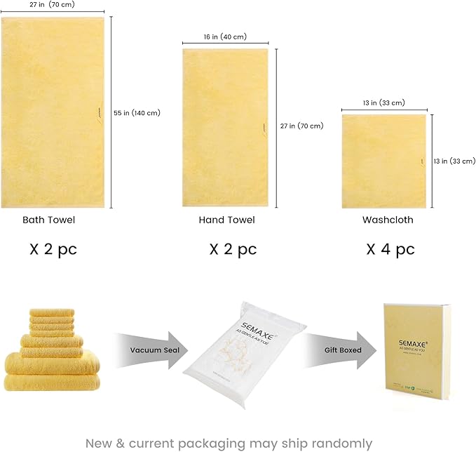 SEMAXE Yellow Bath Towel Set, 100% Cotton Absorbent Bathroom Towels with Hanging Loops, 8 Piece Towel Set Include 2 Bath Towels, 2 Hand Towels, 4 Washcloths
