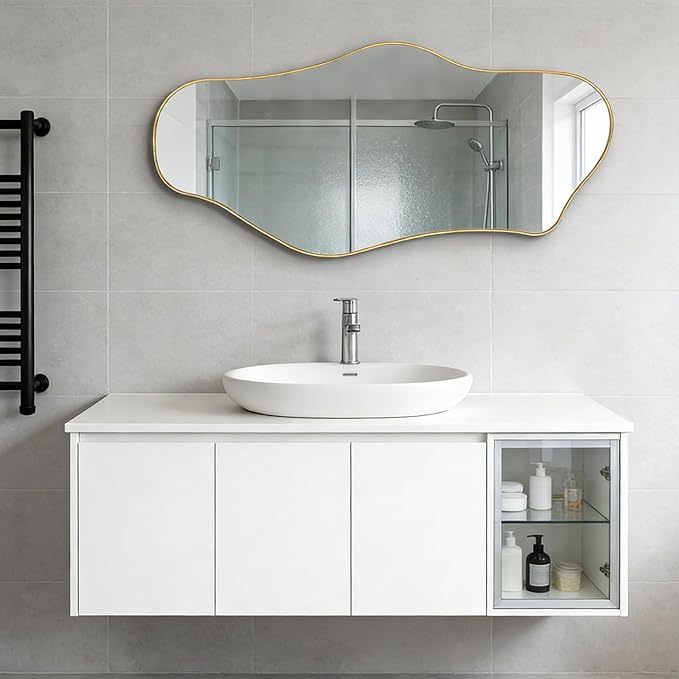 Irregular Wall Mirror, 47"x25" Large Asymmetrical Mirrors with Gold Metal Frame, Cloud Shaped Mirror, Modern Abstract Mirrors for Living Room Bathroom Bedroom Hallway Entryway Fireplace