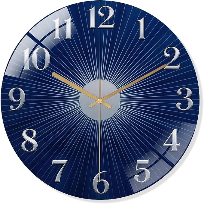 12 Inch Navy Sunburst Glass Wall Clock Silent Modern Art Decor | Silent glossy clock with deep blue sunburst and silver numbers, elegantly tracking time for your modern living room