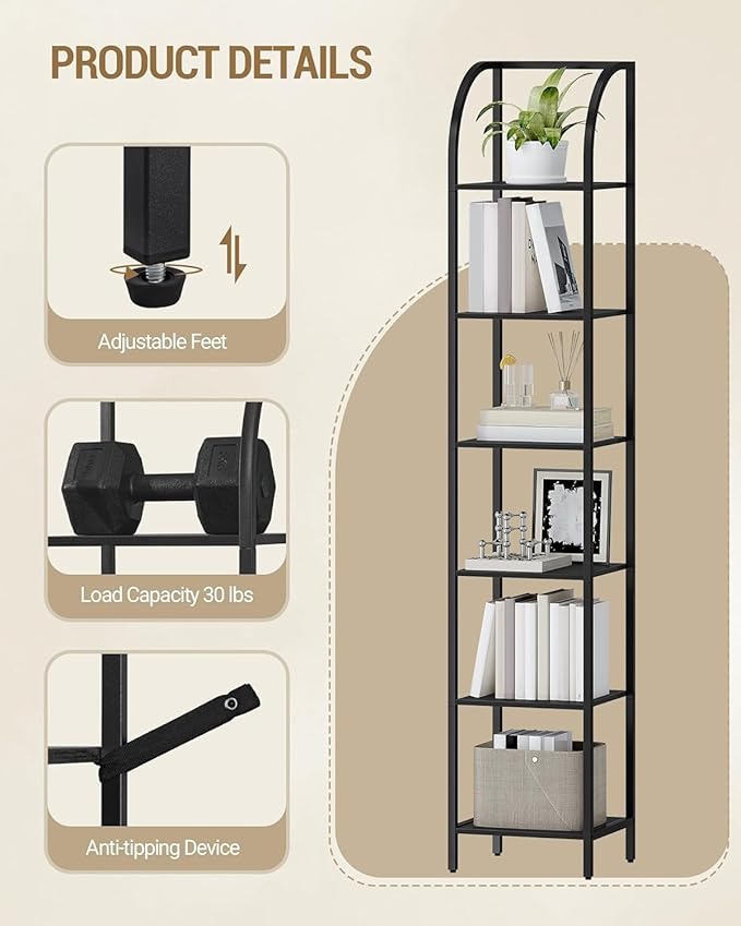 Hzuaneri Bookshelf Narrow Bookcase, Tall Storage Rack with Steel Frame, Display Standing Shelf Unit, Skinny Book Shelf for Study Living Room Home Office, Industrial Style, 6-Tier Black BC56004B