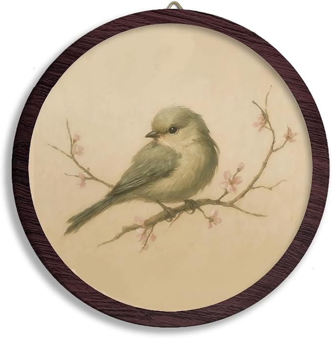 TFKFJLF Vintage Bird Round Wall Art Decor, Retro Floral Bird Framed Wooden Prints, Cottagecore Farmhouse Rustic Round Wall Hanging Decor for Home Bedroom Living Room, 10x10 Inch
