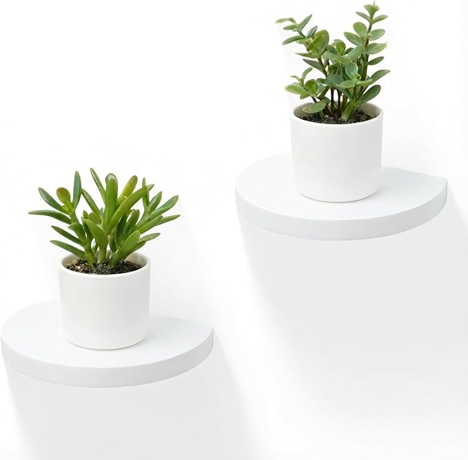 Small Wood Floating Shelves (2-Pack, 6-inch Diameter) - Round Sturdy Invisible Wall Mount Display for Small Plants,Toys,Bathroom,Living Room Storage & Modern Rustic Décor (White)