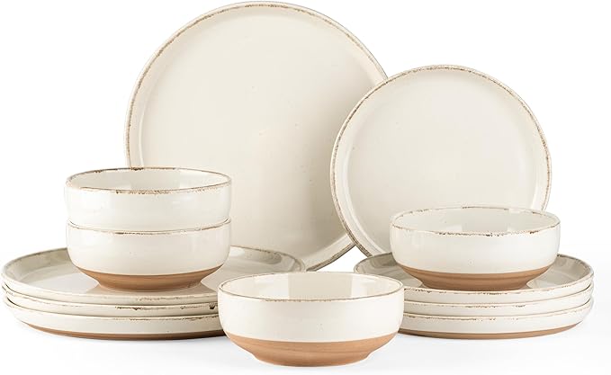 AmorArc Ceramic Dinnerware Sets for 4, 12 Pieces Handpainted Plates and Bowls Set with Rustic Terracotta Underside, Scratch Resistant Stoneware Dishes Set, Dishwasher & Microwave Safe, Beige