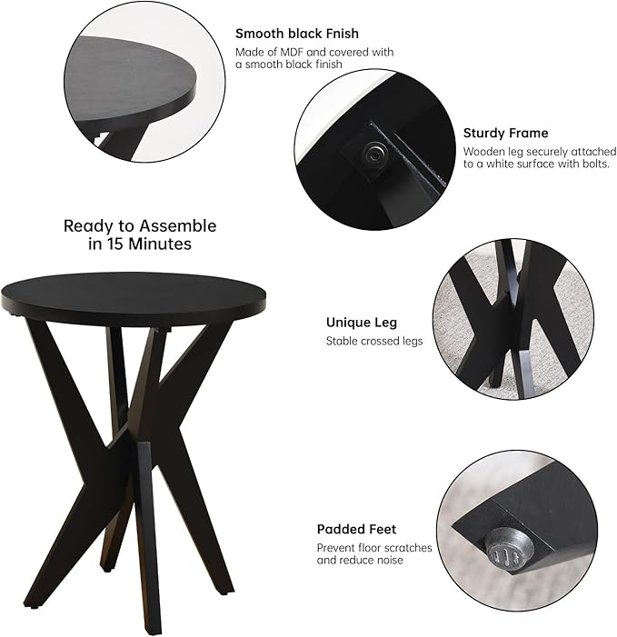 Modern Black Round End Table Set of 2, Mid-Century Accent Side Table with MDF Top and Crossed Legs for Living Room, Bedroom, Small Spaces, Industrial & Minimalist Style