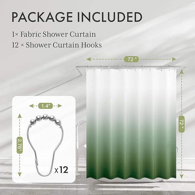 AmazerBath Fabric Shower Curtain Set, Ombre Grass Green Curtain with 12 Curtain Hooks, Rustic Cloth Green and White, Cute Washable Bathroom Shower Curtain, 72x72 Inches