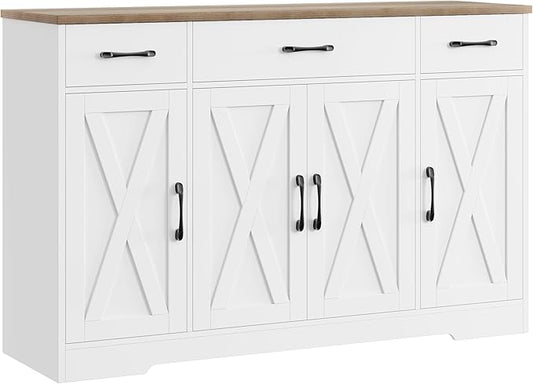 HOSTACK Buffet Cabinet with Drawers, 55" Large Sideboard Buffet Storage Cabinet with Shelves and Doors, Modern Farmhouse Coffee Bar Station Wood Kitchen Table for Kitchen, Dining Room, White/Rustic