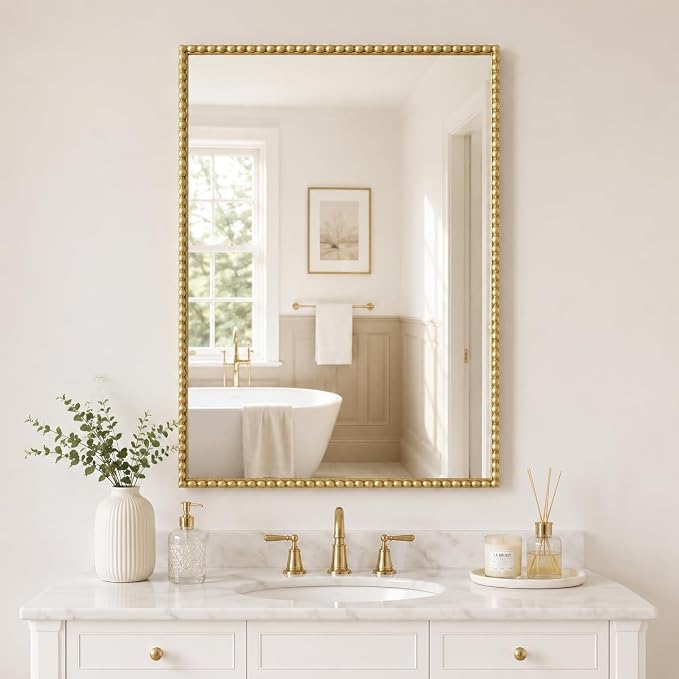 Uniclinens Vintage Rectangle Mirror Decor - Antique Large Gold Beaded Mirror for Wall Decor with Metal Frame, Ideal for Bathroom,Entryway, Fireplace, Living Room, Hallway,24"X36"
