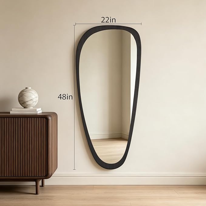 HOMECOOKIN 48" H x 22" W Asymmetrical Mirror, Irregular Wooden Wall Mirror for Bedroom, Living Room,Entryway– Mid-Century Modern Decorative Mirror, Solid Wood Frame, Pebble Shaped Design (Dark Brown)