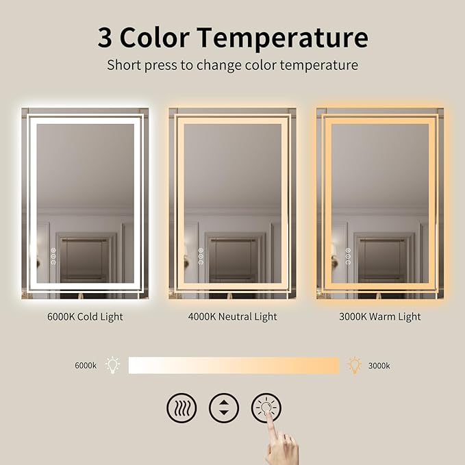 WTTY LED Bathroom Mirror 28"x36" with Backlit and Front Light,Stepless Dimmable LED Mirror for Bathroom,Anti-Fog Lighted Bathroom Vanity Mirror Modern,Memory Function,Shatter-Proof