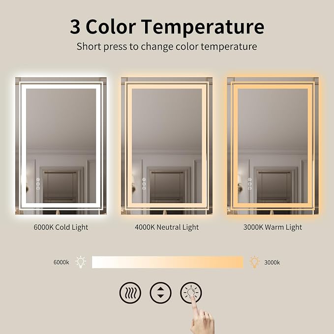 WTTY LED Bathroom Mirror with Backlit and Front Light,24"x32",Stepless Dimmable LED Mirror for Bathroom,Anti-Fog Lighted Bathroom Vanity Mirror Modern for Wall,Memory Function,Shatter-Proof