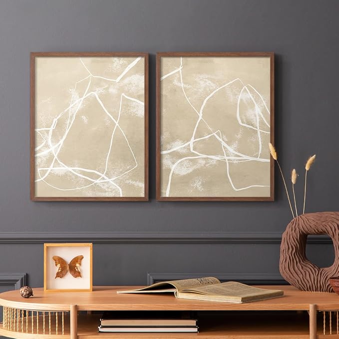 Renditions Gallery Set of 2 Peel & Stick Framed Prints, Neutral Abstract Wall Art, Beige Line Art Pattern Wall Decor, Re-Stickable - Ready to Hang - 22"x28" - Walnut Frame LT588