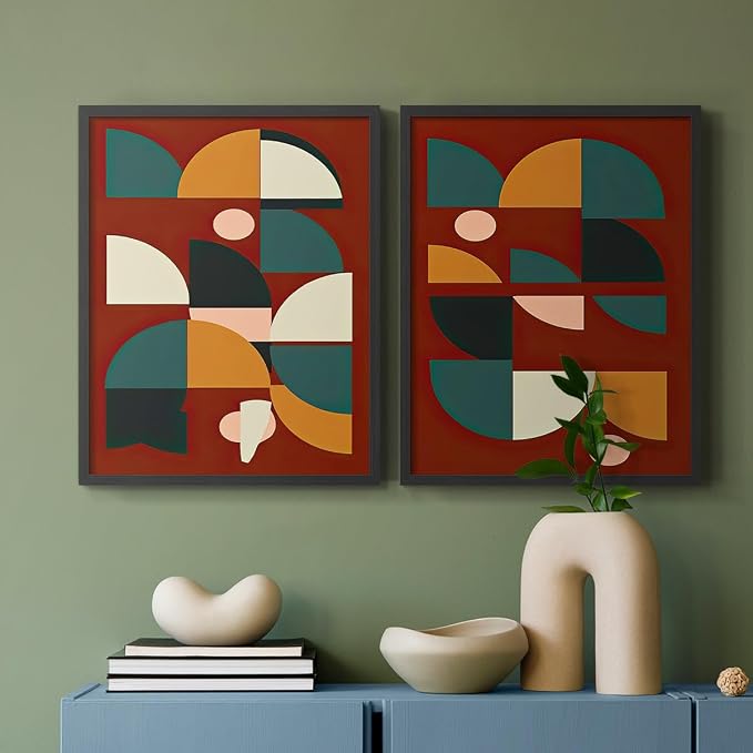 Renditions Gallery Set of 2 Peel & Stick Framed Prints, Mid Century Abstract Wall Art, Modern Geometric Shapes Wall Decor, Re-Stickable - Ready to Hang - 11"x14" - Black Frame LT588
