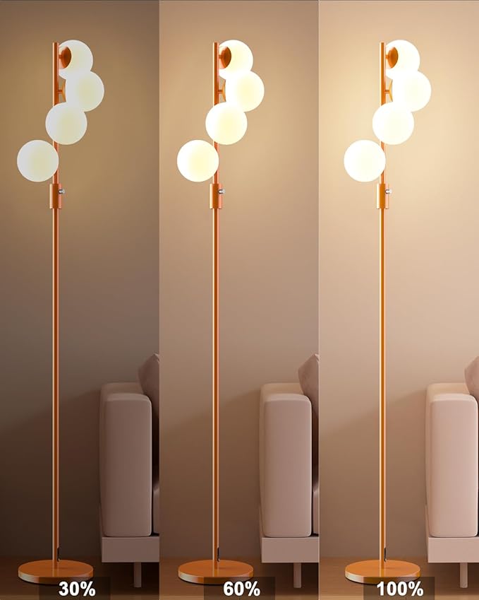 Lightdot 64IN Dimmable Globe Floor Lamp, Orange Pole Standing Lamps with 4PCS 3000K Bulbs Included Soft Warm White Eye Care, Mid Century Modern Floor Lamp for Living Room/Sofa Beside/Corner Decor