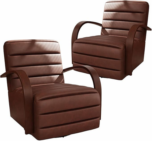 Chifee & Vingol 360° Swivel Accent Chair 30.3" W PU Leather Swivel Living Room Chair with Solid Wood Armrests Mid Century Modern Reading Chair,Set of 2,Brown