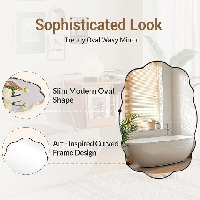ANDY STAR Chrome Wavy Scalloped Mirror - 24x32 Inch Modern Oval Bathroom Mirror, Unique Irregular Wall Mirror with Heavy Duty SUS Metal Frame