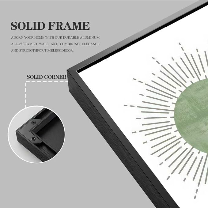 Black Frame Boho Abstract Geometric Wall Art Mid Century Canvas Wall decor Sun and Moon Paintings Prints Green Minimalist Art for Living Room Bedroom Office Decor (16 x 24 in Black Alloy Framed)