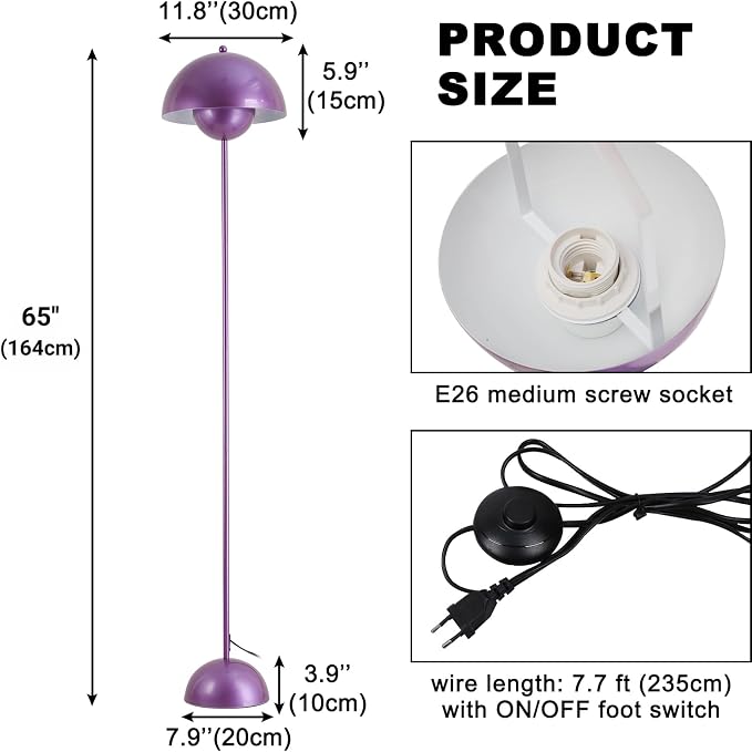 COSYLUX Modern Floor Lamp for Living Room, Industrial Tall Standing Lamp for Bedroom, Metal Shade Reflecting Light Reading Floor Lamp for Office, Nursery Room, Corner(Pearl Purple)