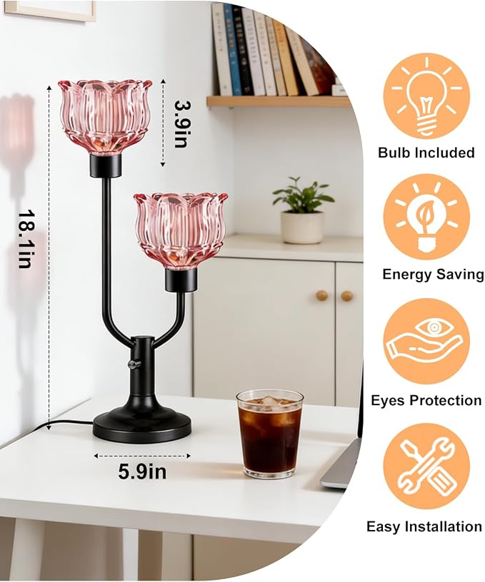Lightdot Mid Century Modern Red Table Lamp Dimmable Vintage Black Flower Desk Lamp Lotus Glass Nightstand Lamp 2 Bulbs Included Warmwhite Ambient Bedside Lamp for Living Room Bedroom Home Office Decor