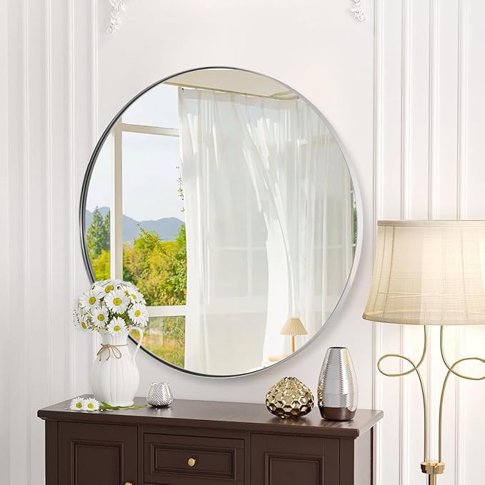 ANDY STAR Round Bathroom Mirror, 24’’ Polished Chrome Round Bathroom Mirrors in Stainless Steel Metal Frame 1" Deep Set Design 7