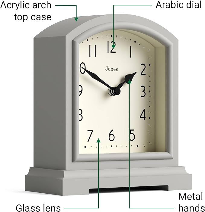 JONES CLOCKS® Tavern Mantel Clock | Modern Arch top Design | Pale Gray | Contemporary Classic Style for Desk, Table, Shelf or Bedside