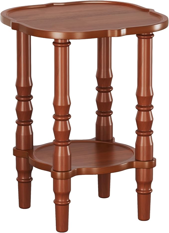 Solid Wood End Table Living Room - 21.7" H Small Narrow Square Wooden End Table for Small Spaces, Dark Real Brown Solid Wood Vintage Antique Side Bedside Table Nightstand with 2-Tier Storage