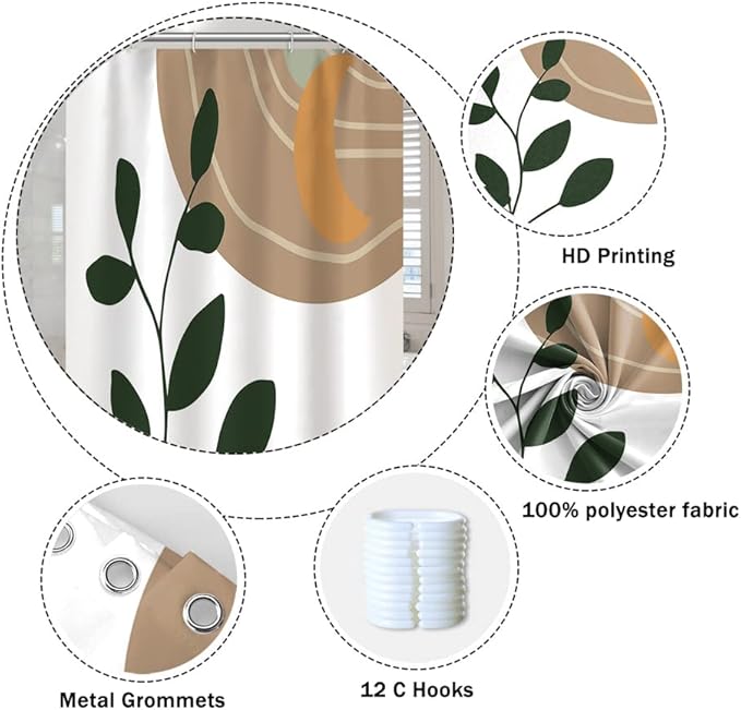 Abstract Boho Shower Curtain for Bathroom Moon Eucalyptus Leaves Waterproof Polyester Shower Curtains Modern Minimalist Artistic Aesthetic Shower Curtain with Hooks Decorative, 72x84 Inch