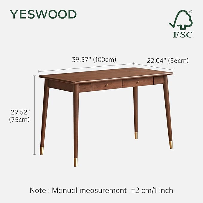YESWOOD Solid Wood Desk, Mid Century Modern Home Office, Computer Desk with Drawers for Study Bedroom Living Room 39.37" W