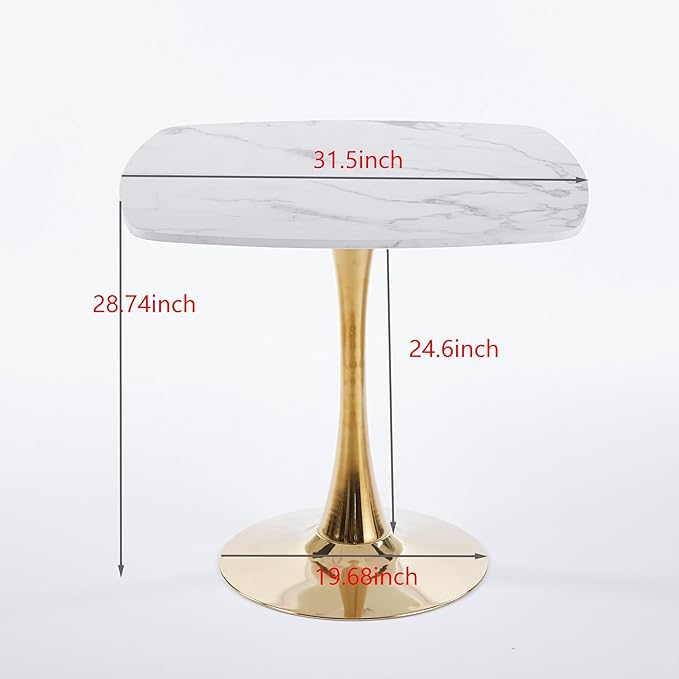 Modern Square Tulip Dining Table, 31.5 Inch White MDF Top with Gold Metal Base, Mid-Century Kitchen Table for 2-4 Persons, Small Space Living Room Bistro Table (Golden+White)