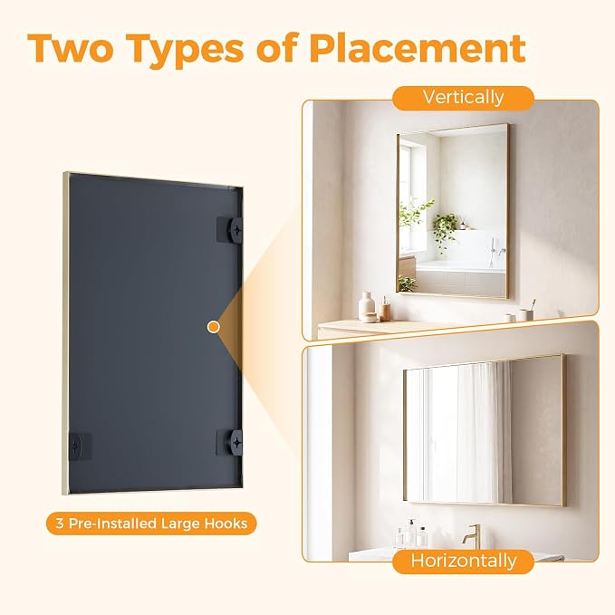 Sweetcrispy Bathroom Mirrors for Over Sink, 24" x 36" Rectangle Wall Mount Mirror with Metal Frame, Modern Vanity Mirror with Tempered Glass, for Home Decor, Anti-Rust, Gold