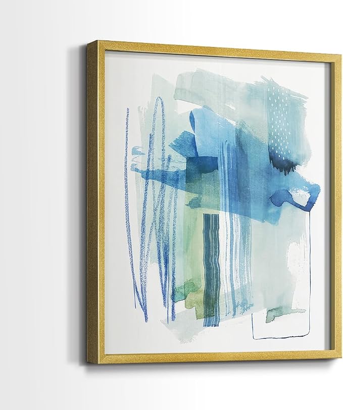 Renditions Gallery Set of 2 Peel & Stick Framed Prints, Modern Abstract Wall Art, Blue and Neutral Bold Brushstrokes Wall Decor, Re-Stickable - Ready to Hang - 16"x20" - GOLD Frame LT588