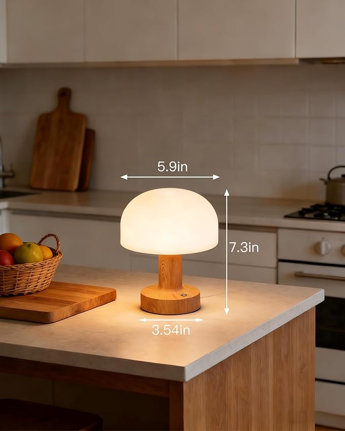 Cordless Mushroom Table Lamp,Mid-Century Modern Rechargeable Battery Operated Bedside Lamp,3 Color Modes & Stepless Dimming,Metal Base with Wood Grain Finish for Nightstand,Living Room,Cafe