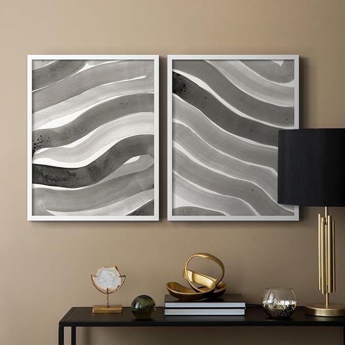 Renditions Gallery Set of 2 Peel & Stick Framed Prints, Watercolor Abstract Wall Art, Black and White Bold Brushstrokes Wall Decor, Re-Stickable - Ready to Hang - 8"x10" - White Frame LT588