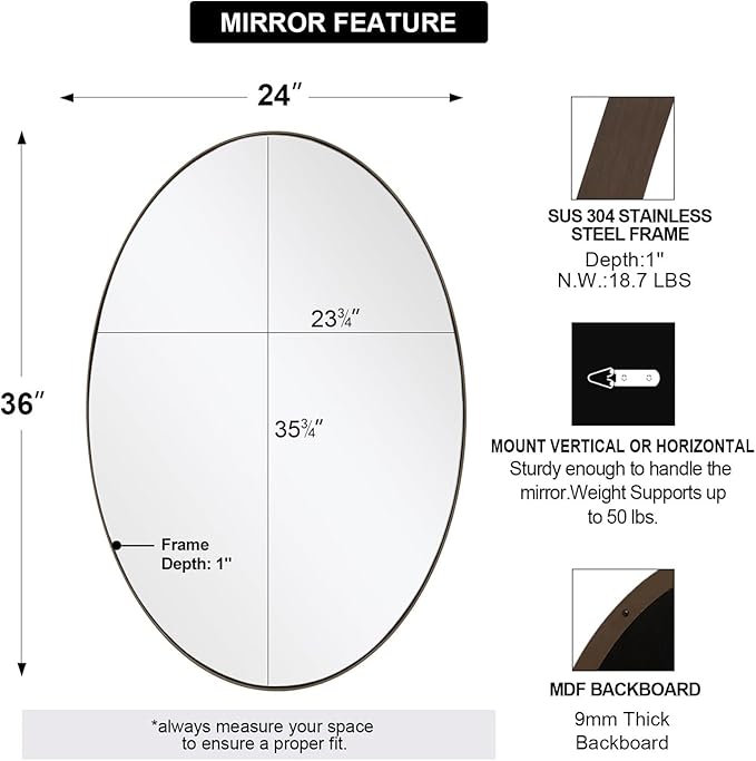 ANDY STAR Brushed Bronze Oval Mirrors for Bathroom, 24x36 Inch Bronze Stainless Steel Metal Framed Oval Wall Mirror, Modern Vanity Mirror Wall Mount Horizontal or Vertical